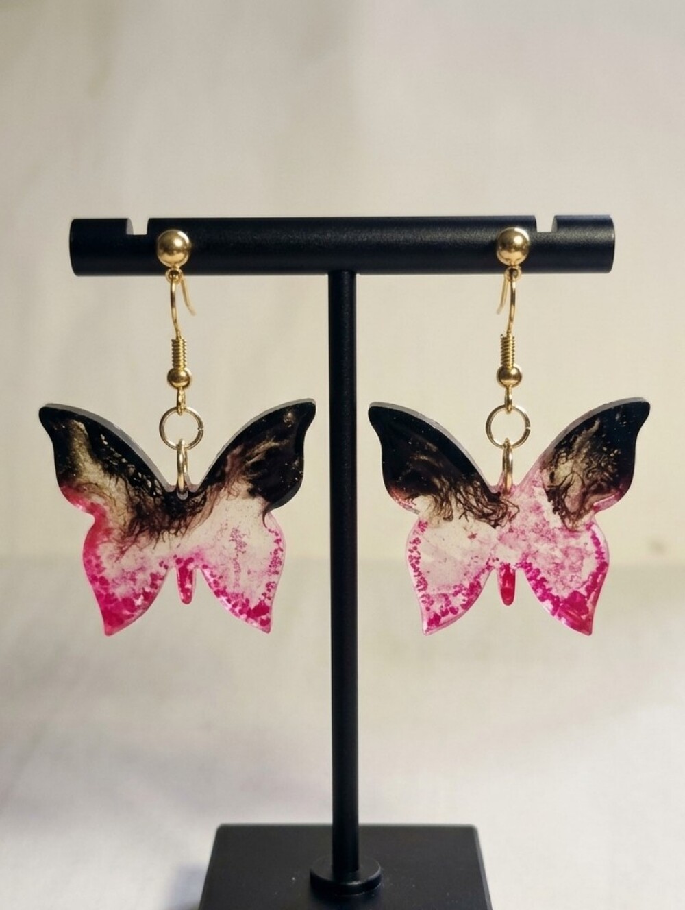 Black & Hot Pink Resin Butterfly Dangle Earrings | Hypoallergenic
